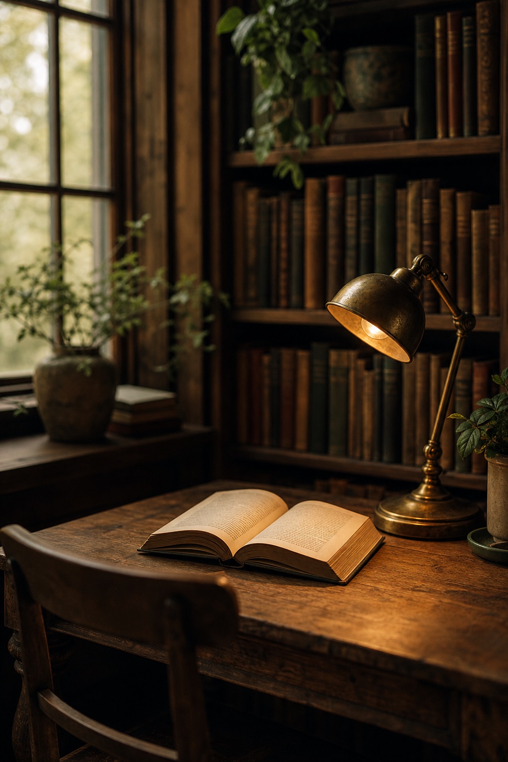 An open book under a brass lamp beside a shelf of worn books
