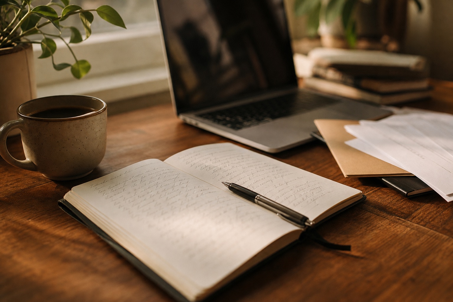 An open notebook with handwriting, a pen, and a laptop on a warm wooden desk
