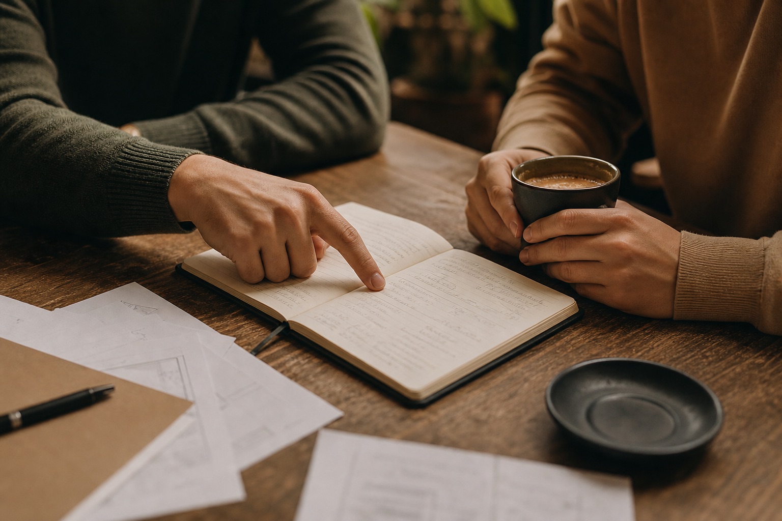 Two people talking over an open notebook and coffee at a cafe table